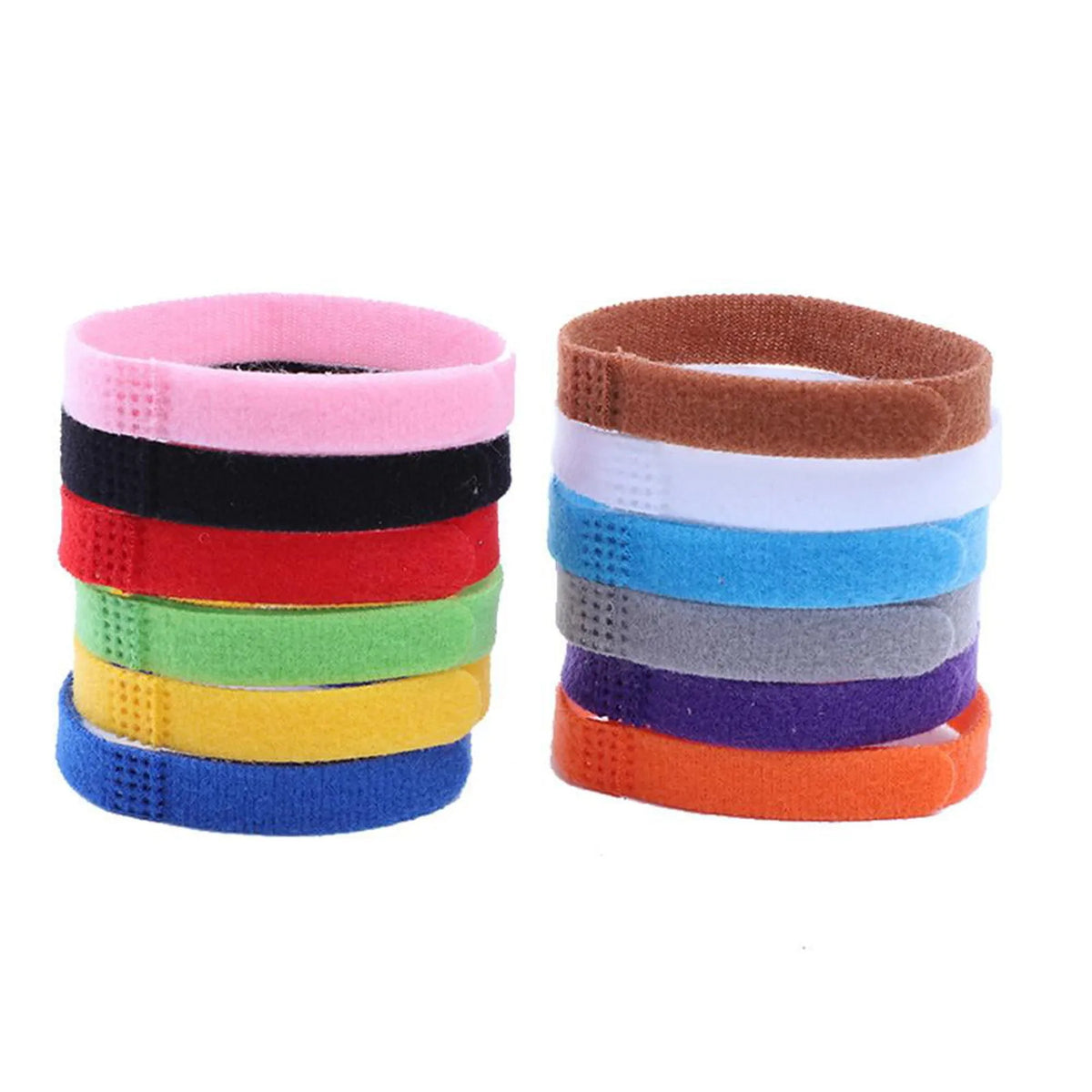 A set of twelve soft adjustable nylon puppy collars in various colors including pink, black, red, green, yellow, blue, gray, 
