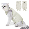 A fluffy gray and white cat wearing a light green professional recovery suit.