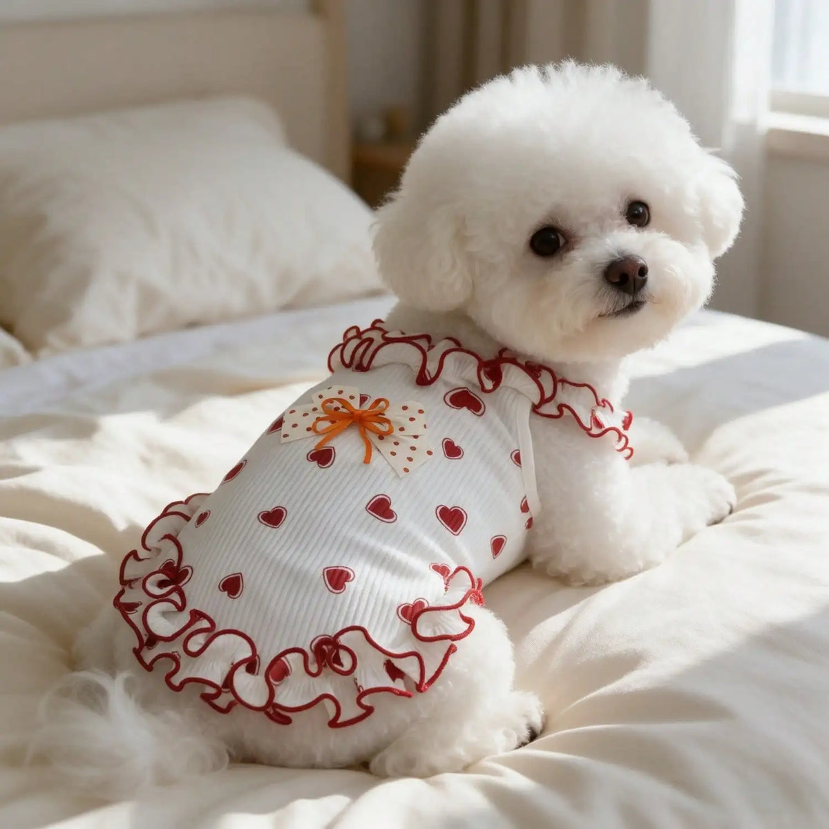 A fluffy white dog wearing a red heart bow ruffle sleeveless tank top lying on a white bed.