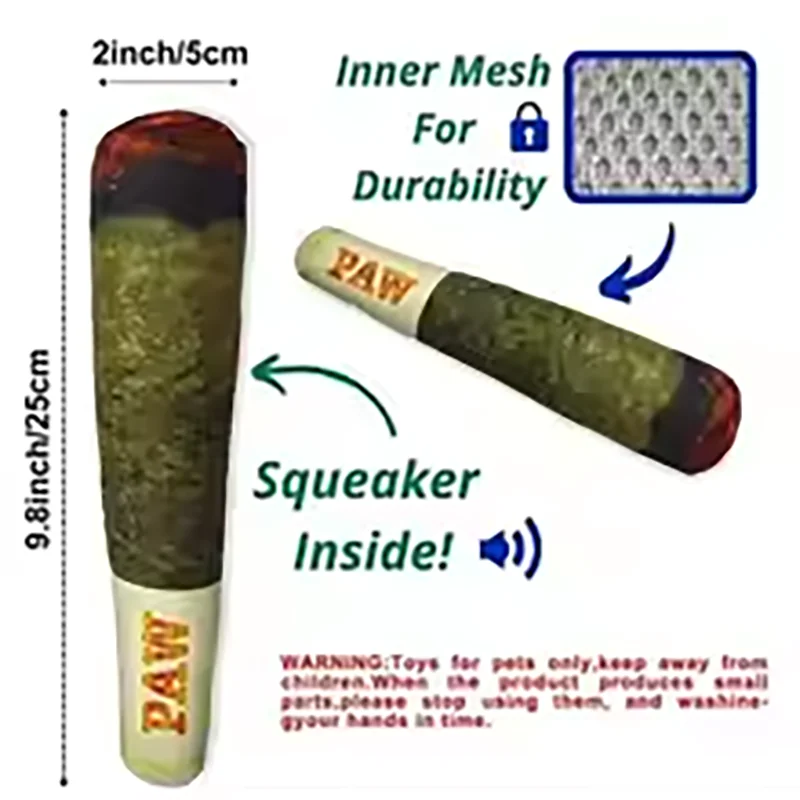 Cigar-Shaped Squeaky Plush Dog Toy for Interactive Play and Teeth Care