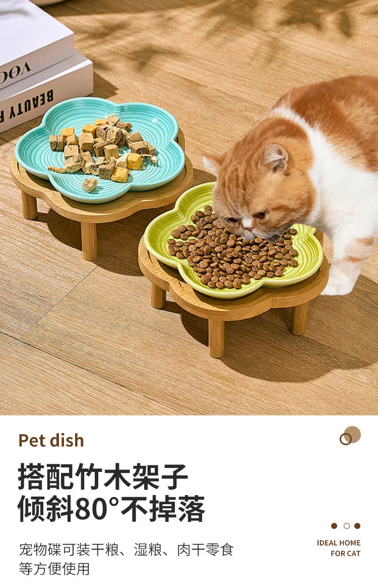 Ceramic Pet Bowl with Wood Stand – Elegant Bow Knot Design