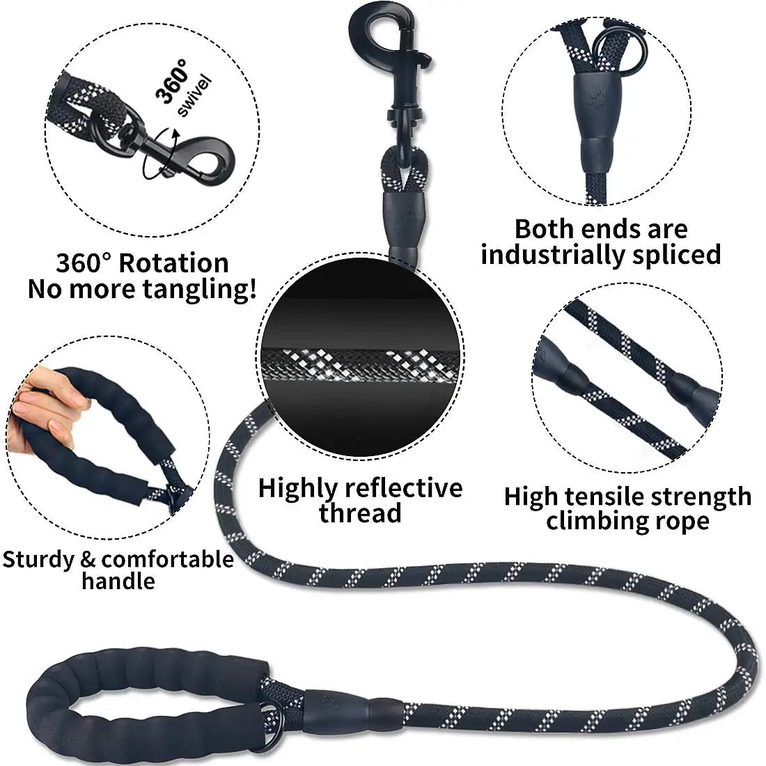 A black reflective nylon dog leash with a soft handle, showing various features like 360 rotation and industrial splicing.