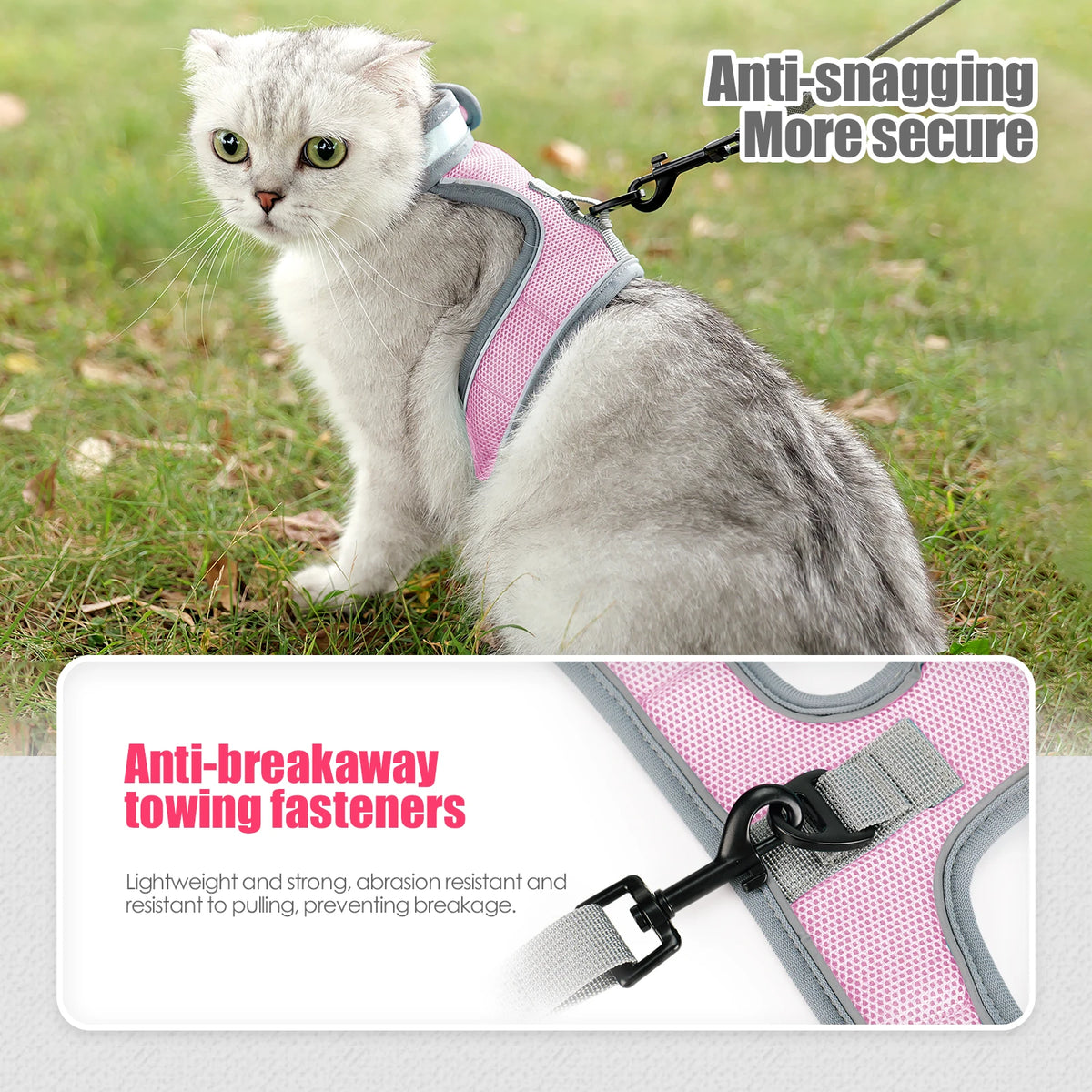 A light gray cat wearing a pink harness designed for anti-snagging and anti-breakaway towing.