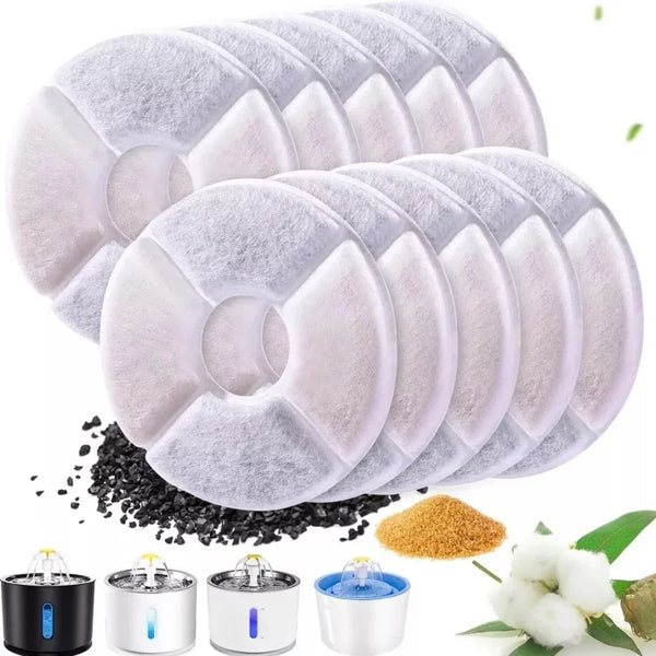A set of twelve replacement filters for a cat water fountain, shown next to various accessories.