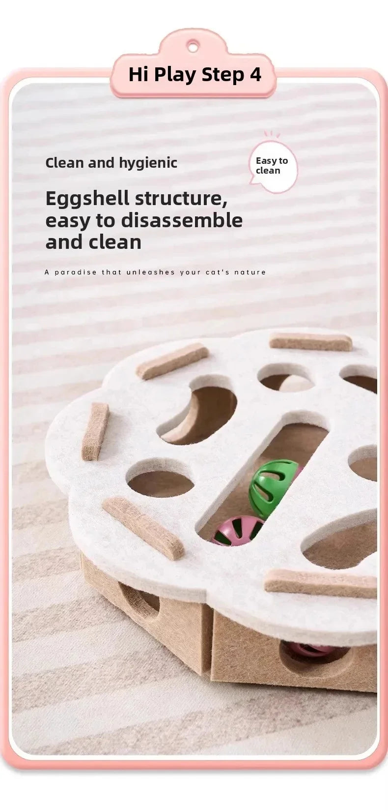 A white felt puzzle toy for cats showing an eggshell structure with colorful plastic pieces inside.