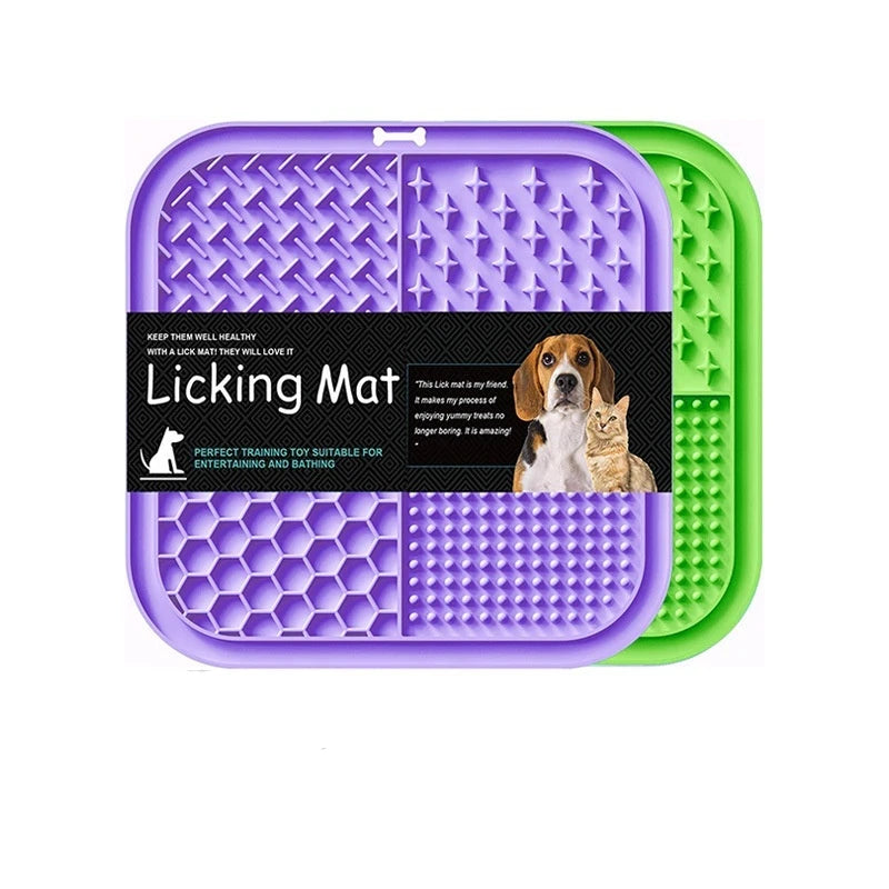 Purple and green silicone pet licking mat with various textured surfaces for dogs and cats