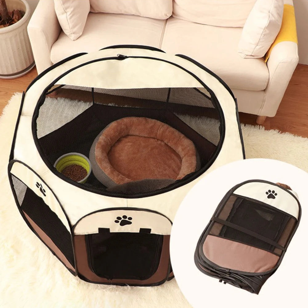 A portable foldable pet tent and playpen with a beige and black design shown on a white rug.
