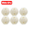 Six white reusable lint filter balls used for laundry