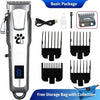A silver pet hair clipper grooming kit with various attachments and a storage bag.