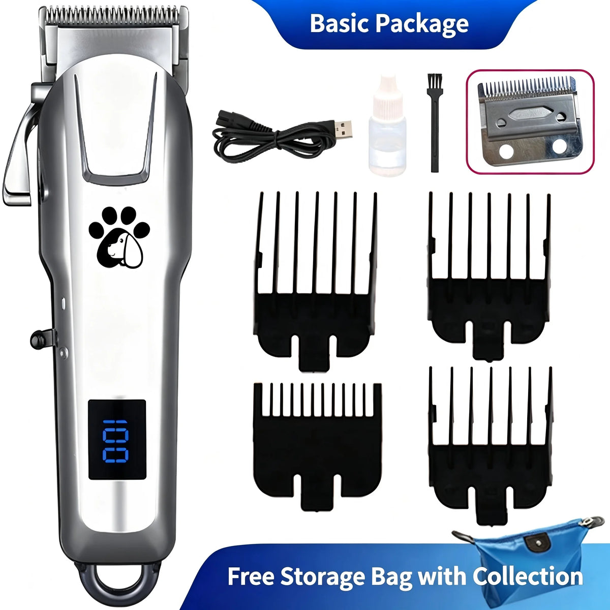 A silver pet hair clipper grooming kit with various attachments and a storage bag.