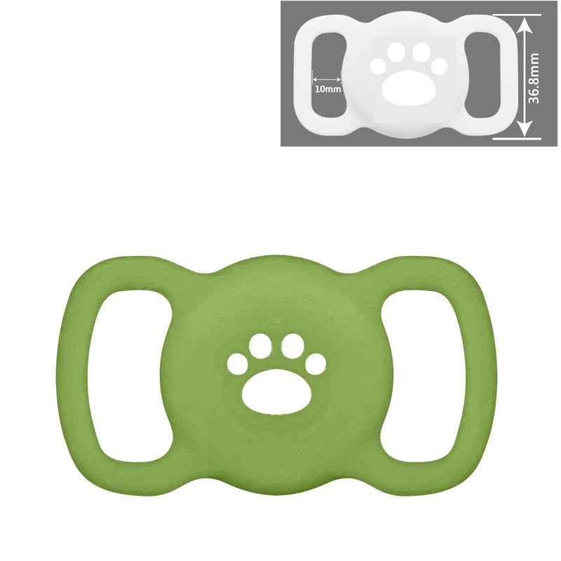 Grüner Silikon-AirTag-Halter in Pfotenabdruckform, zum Befestigen an Tierhalsbänder.
