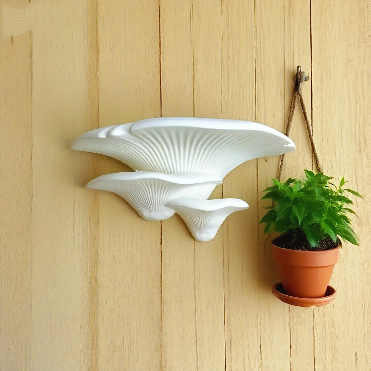 White mushroom-shaped decorative storage rack hanging on a wooden wall with a small green plant potted in terracotta.