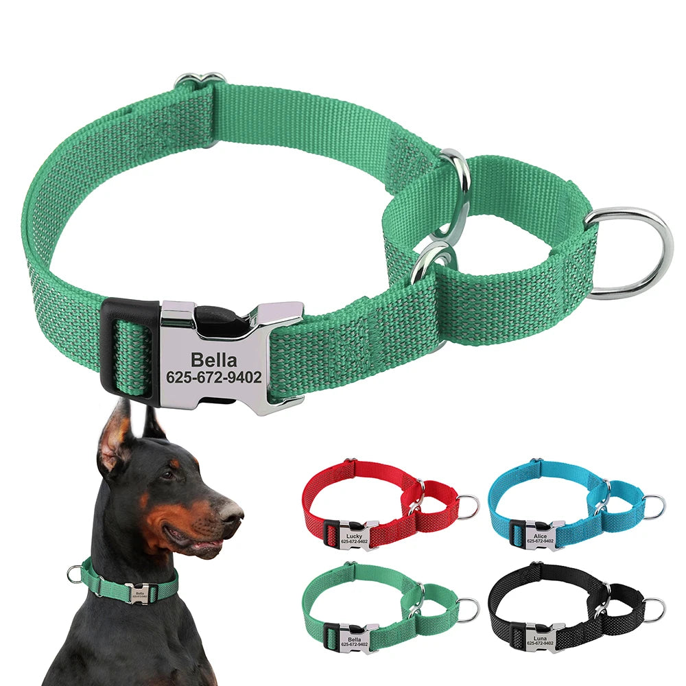 A green reflective martingale dog collar with a silver buckle and various sizes shown alongside a dog wearing one.