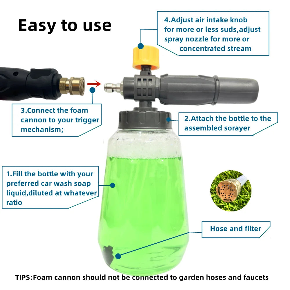 A diagram showing the assembly steps for a foam cannon, including filling a bottle with soap liquid and attaching it to a tri