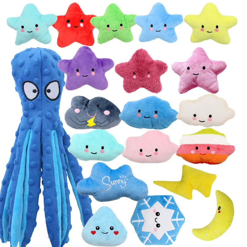 A collection of 20 squeaky plush dog toys shaped like various fruits and animals in pastel colors.