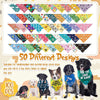 A collection of 50 different patterned dog bandanas displayed alongside several dogs.
