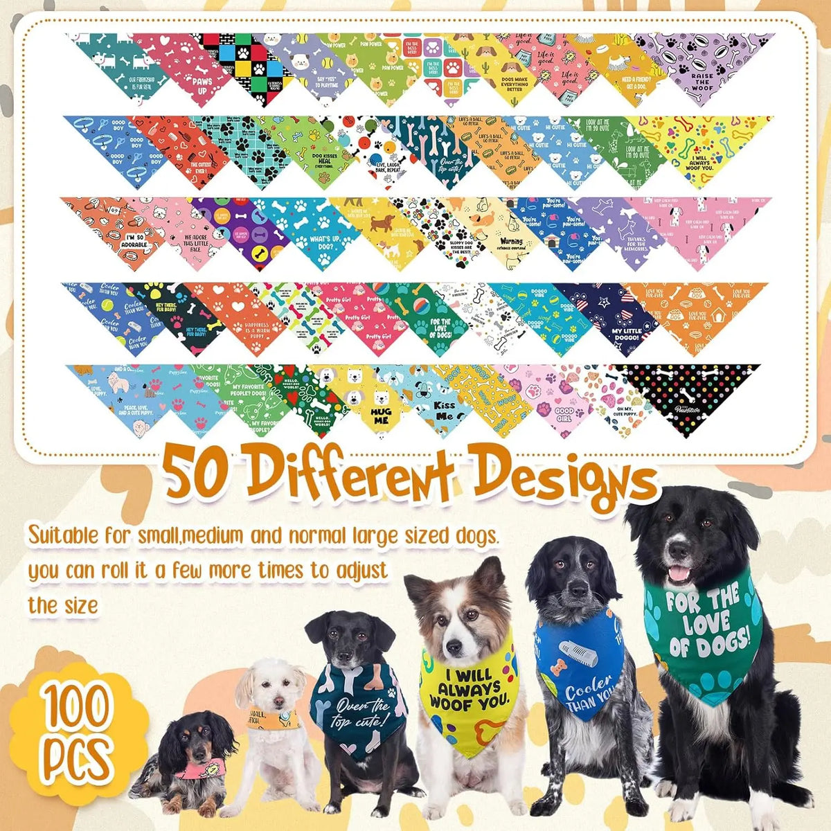 A collection of 50 different patterned dog bandanas displayed alongside several dogs.