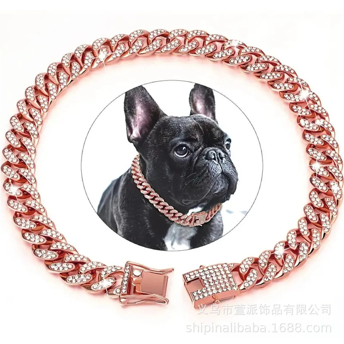 A rose gold diamond Cuban chain collar for a dog, featuring a small dog in the center.