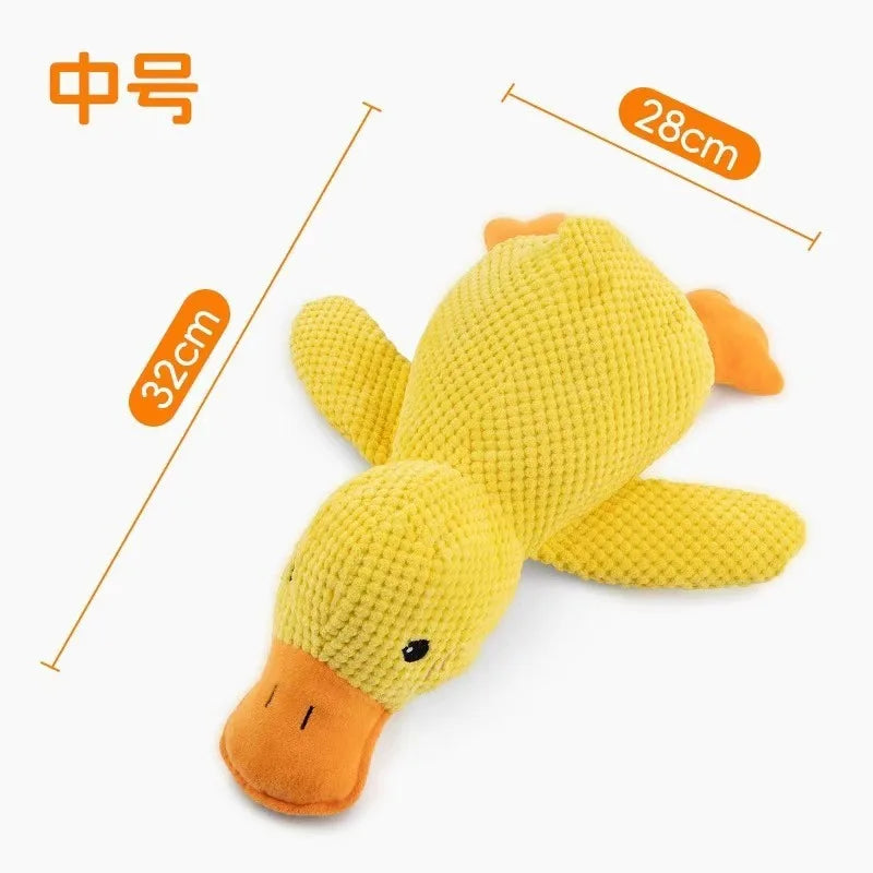A yellow plush toy shaped like a duck, measuring 28cm long.