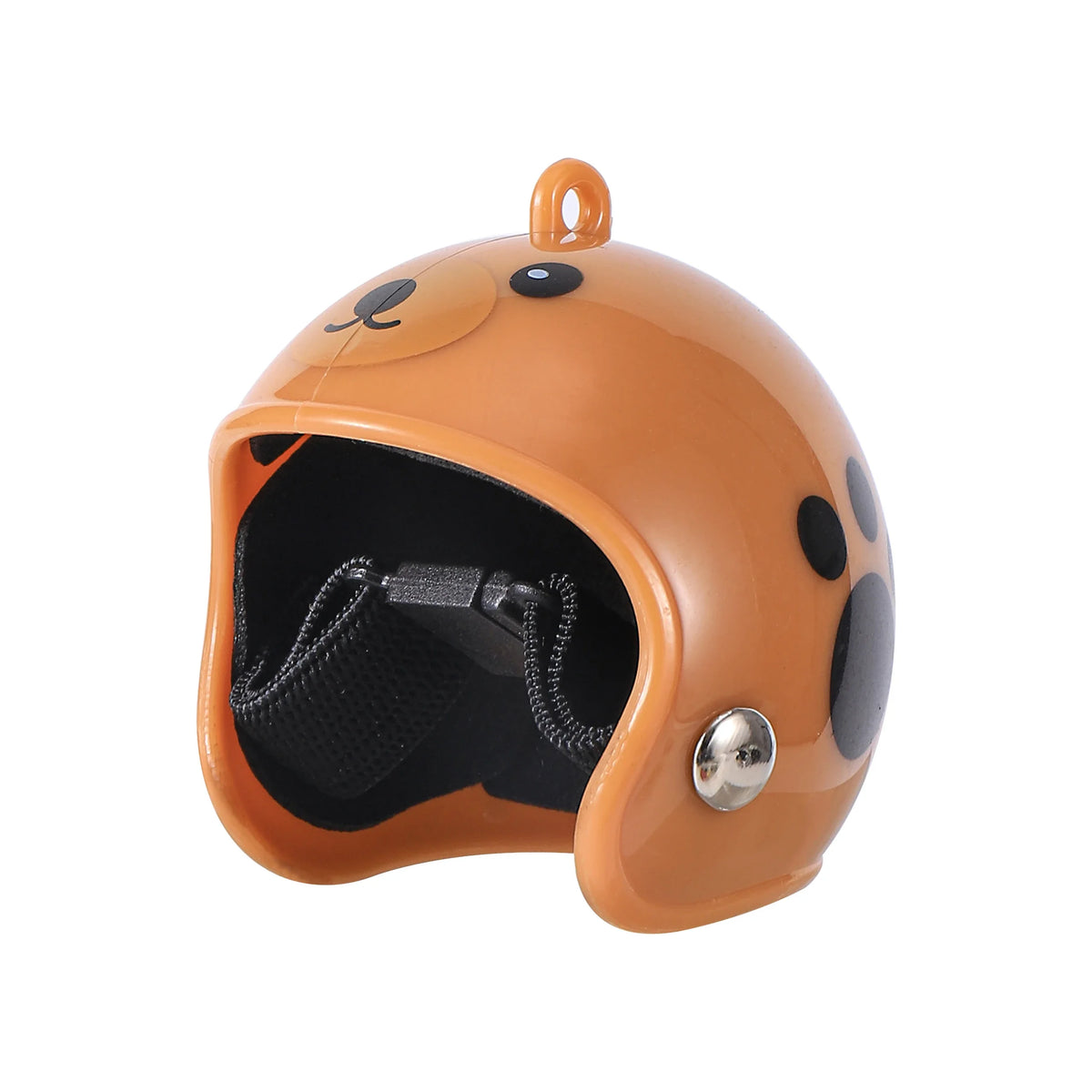 An orange and black bird safety helmet with a rounded dome and a visible interior padding.