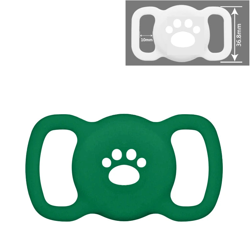 Grüner Silikon-AirTag-Halter mit Pfotenabdruck-Aussparung und Ringen zum Befestigen an Tierhalsbänder.