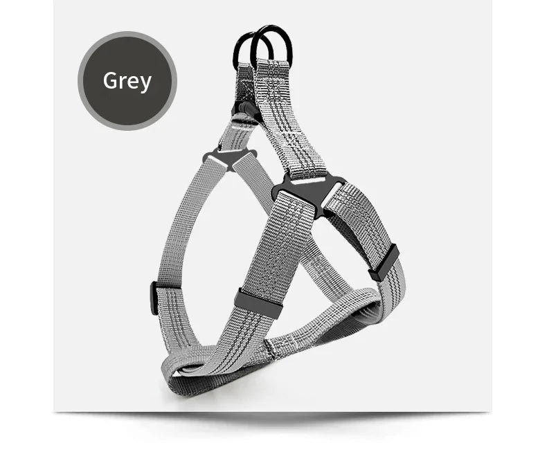 Grey breathable reflective dog harness with leash shown against a white background.