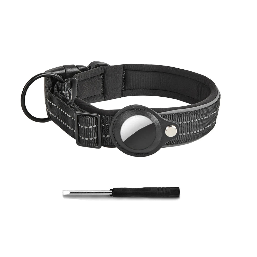Black reflective dog collar with a built-in AirTag holder and a metal tool.