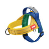Arnés para perros con correas amarillas y azules y acolchado verde para razas pequeñas a medianas.
