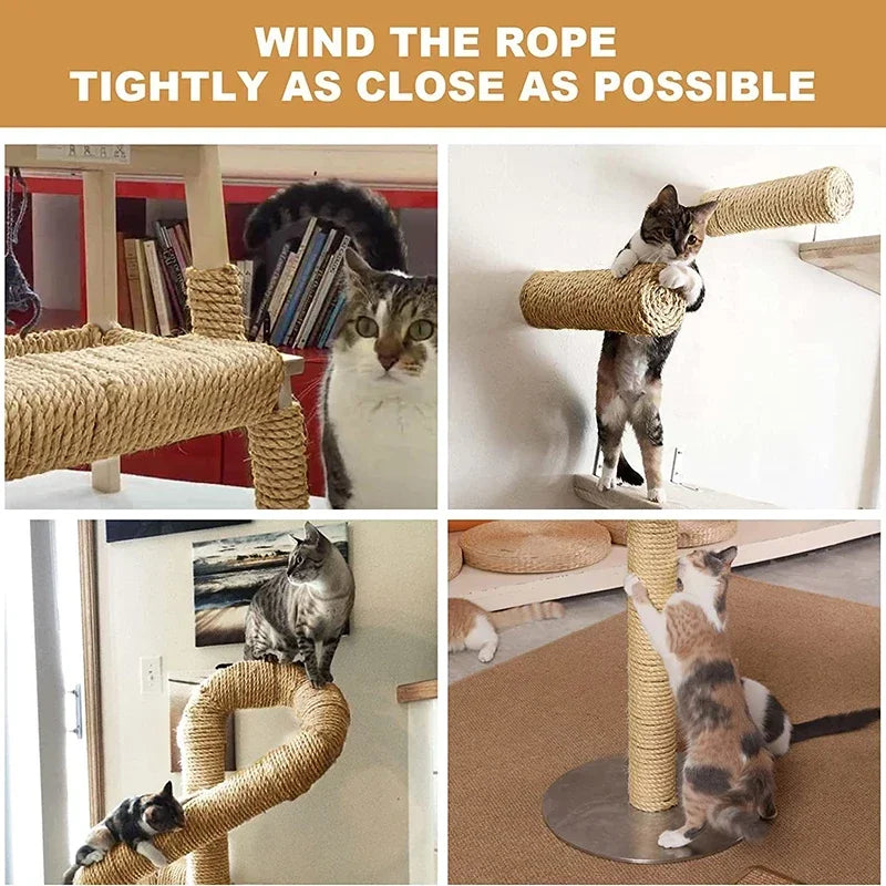 A cat is climbing a natural sisal rope scratcher designed for DIY wrapping.