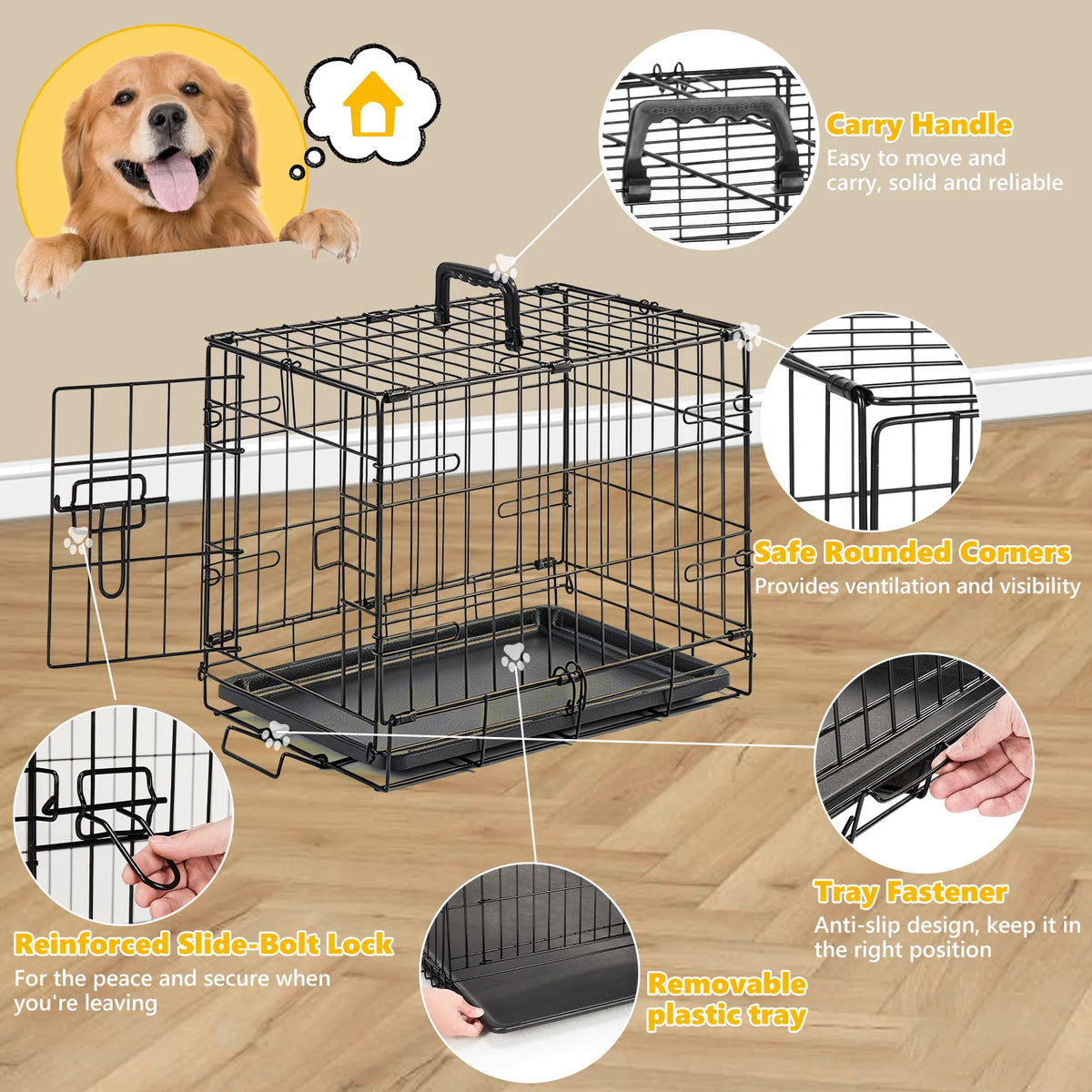 Small Dog Crate — Foldable Metal Kennel with Secure Locks & Removable Tray