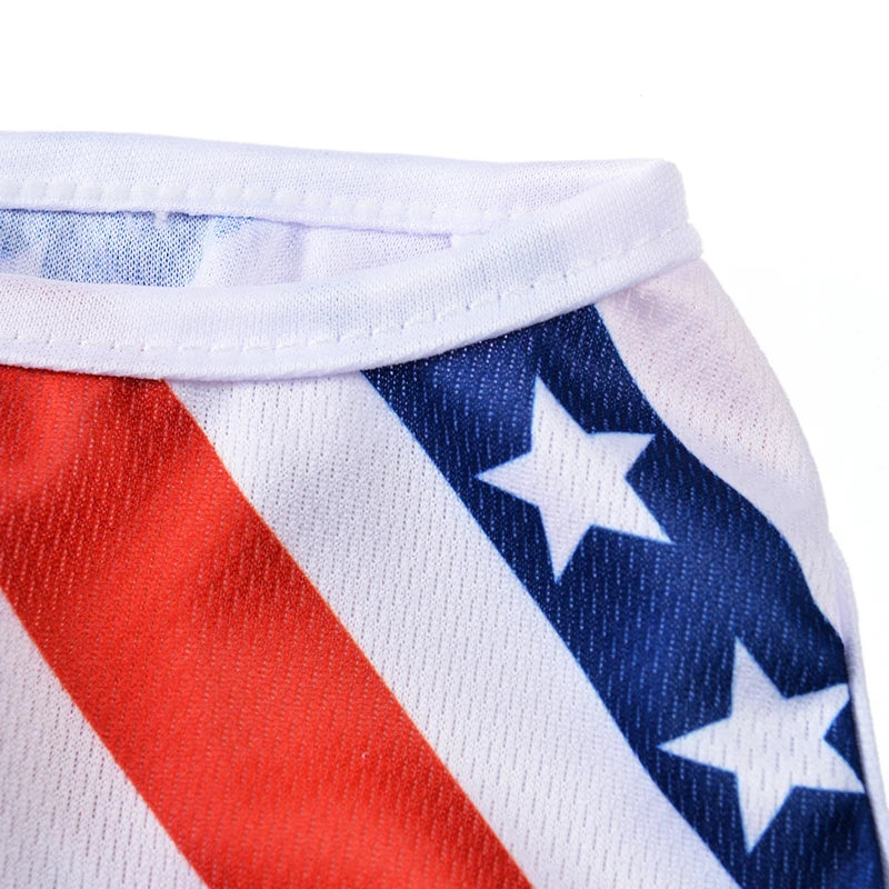 Close-up of a patriotic Independence Day dog t-shirt featuring red and blue stripes with white stars