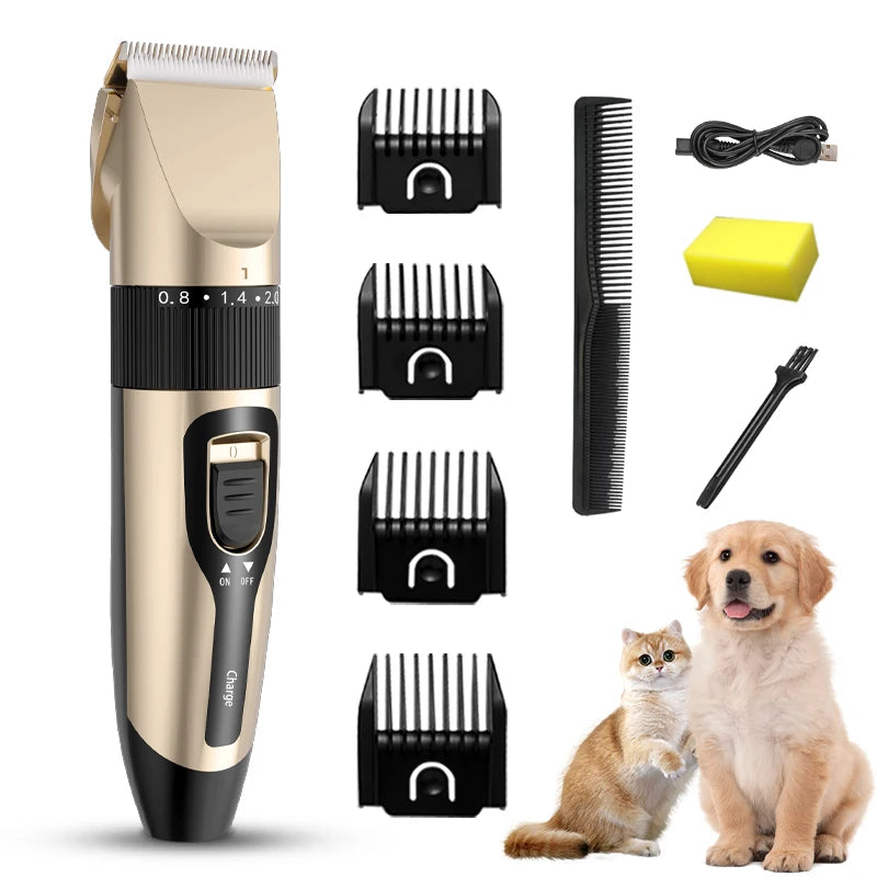 A cordless pet grooming clipper in gold and black with various attachments shown next to a dog and a cat.
