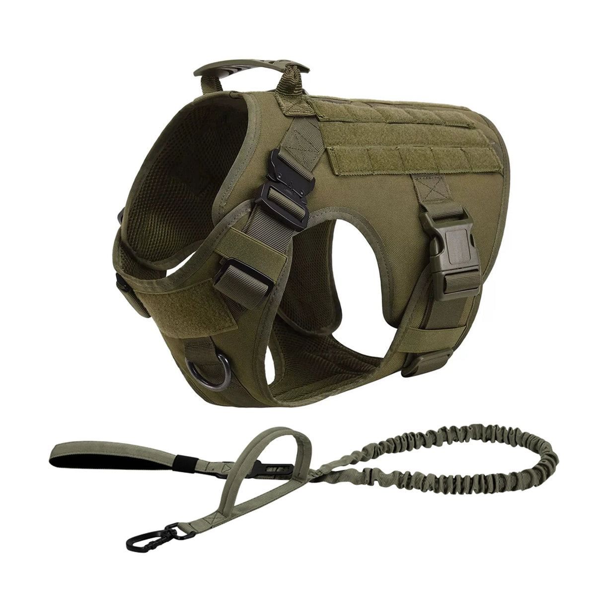 Olive green tactical dog harness set including a collar and leash with MOLLE pouches