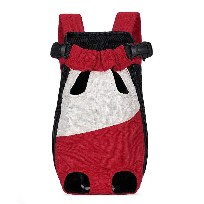 A red breathable mesh pet carrier backpack with black trim and a white face design.