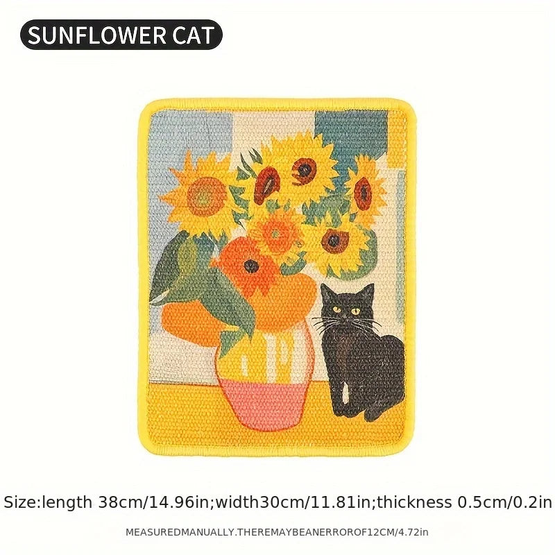 A yellow felt mat featuring a black cat and sunflowers, designed as a space-saving wall-mounted scratching post.