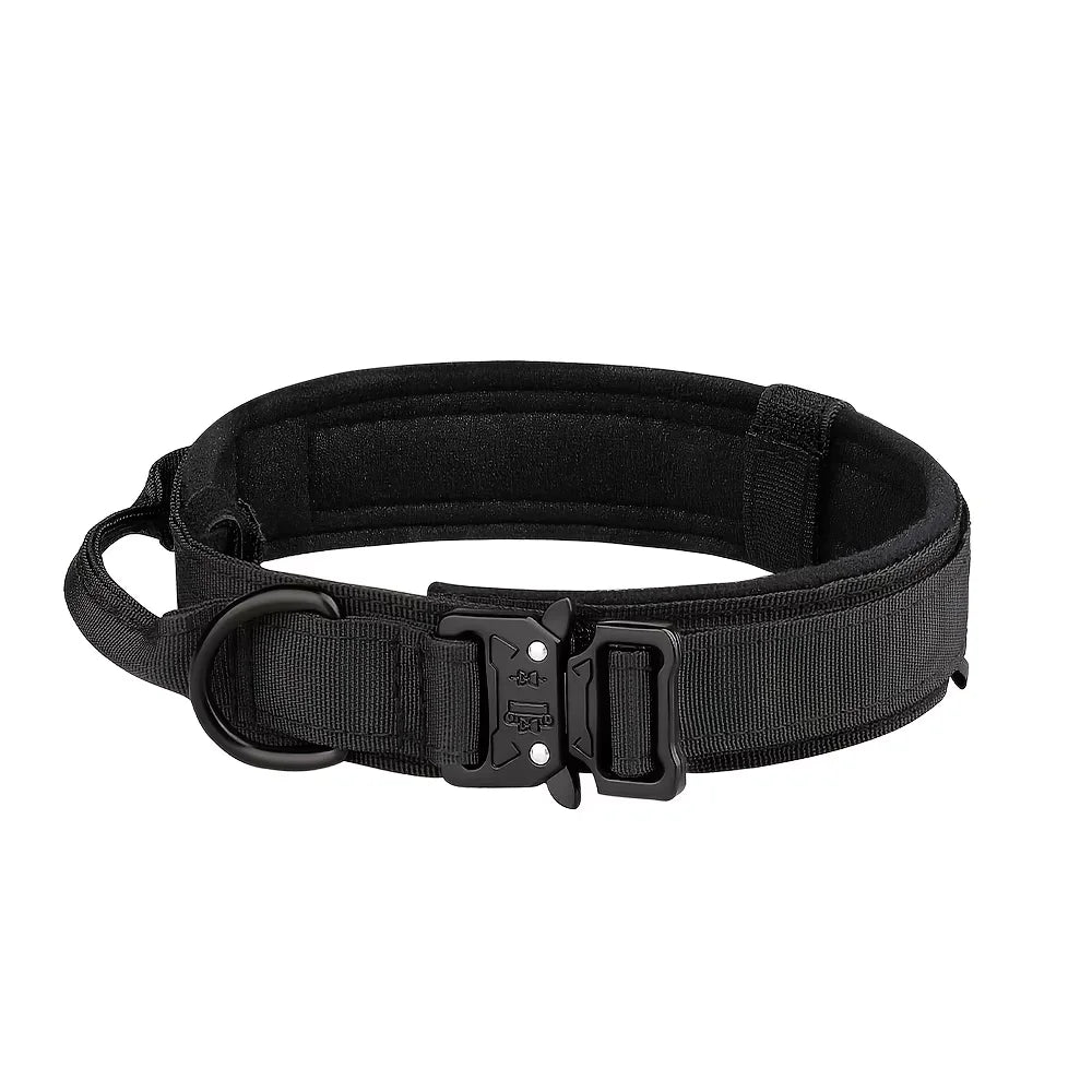 Black tactical dog training collar and leash set with a handle
