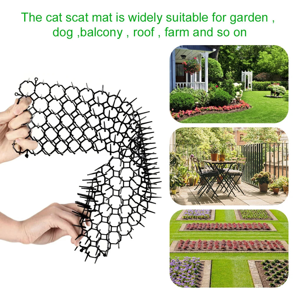 A hand holds a black cat scat mat made of prickly strips, demonstrating its use for garden and home protection.