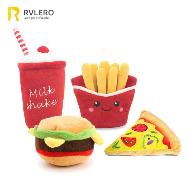 A set of fun fast food squeaky dog toys including a hamburger, french fries, milkshake, and pizza.