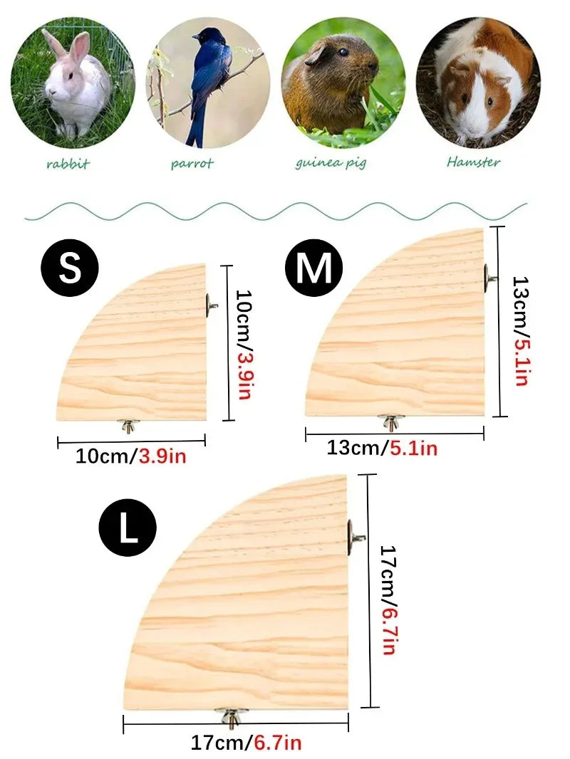 A set of natural wood parrot perch stands in sizes S, M, and L with corresponding dimensions.