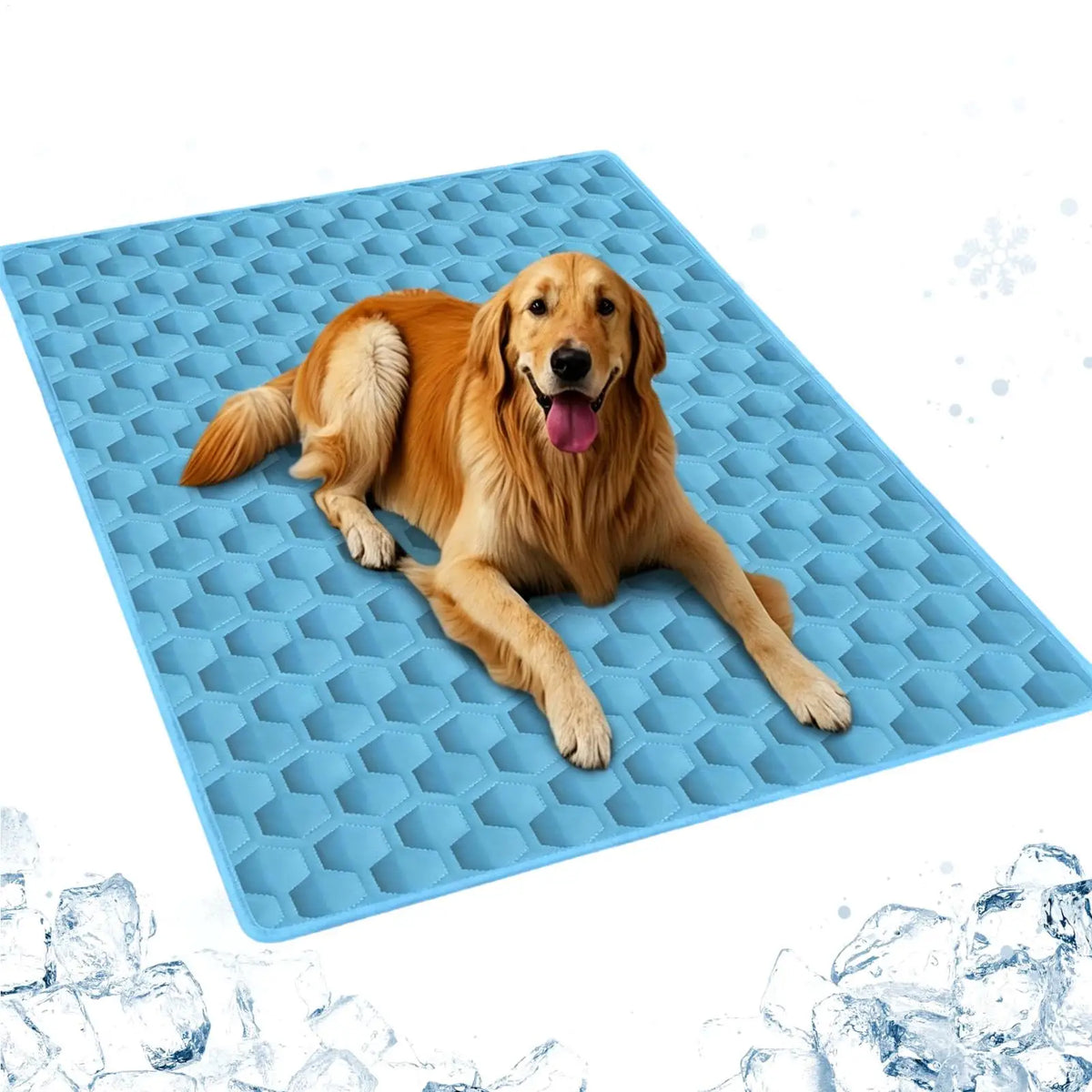 A golden retriever dog lying on a blue self-cooling pet mat.