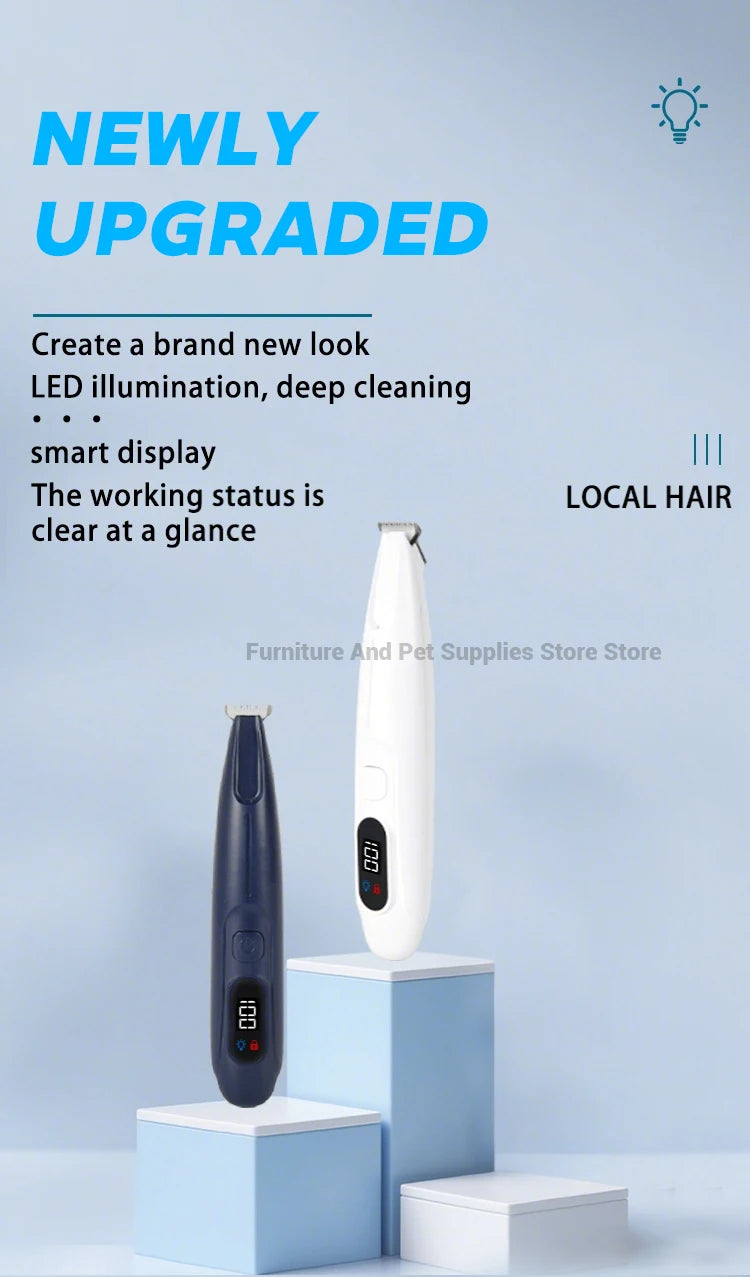 Weißer Haartrimmer mit LED-Licht auf blauen und weißen Ständern.