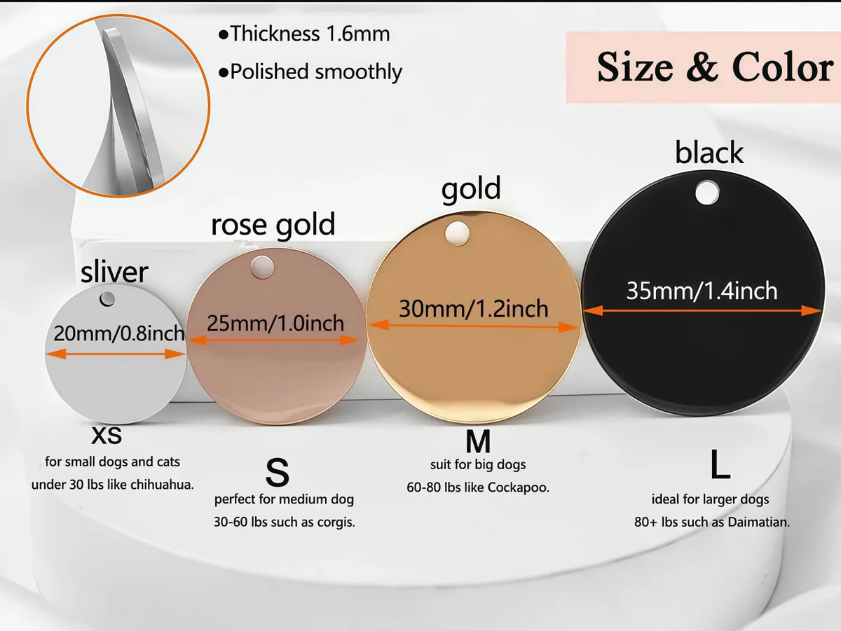 A set of personalized stainless steel pet ID tags in various sizes and colors including silver, rose gold, gold, and black.