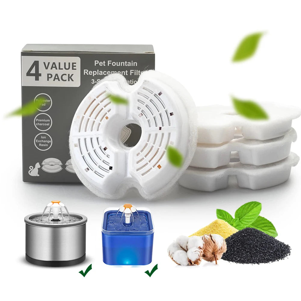 A box of four replacement filters for a pet fountain, showing the filters and related components like a water fountain and va