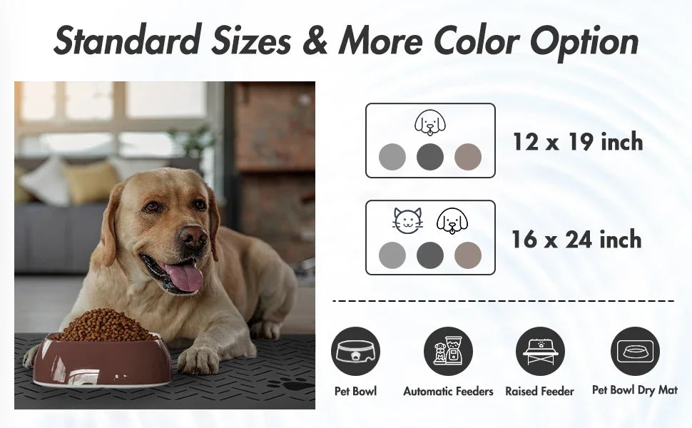 A dog is lying next to a pet bowl on a mat, with size options and feeding accessories displayed.
