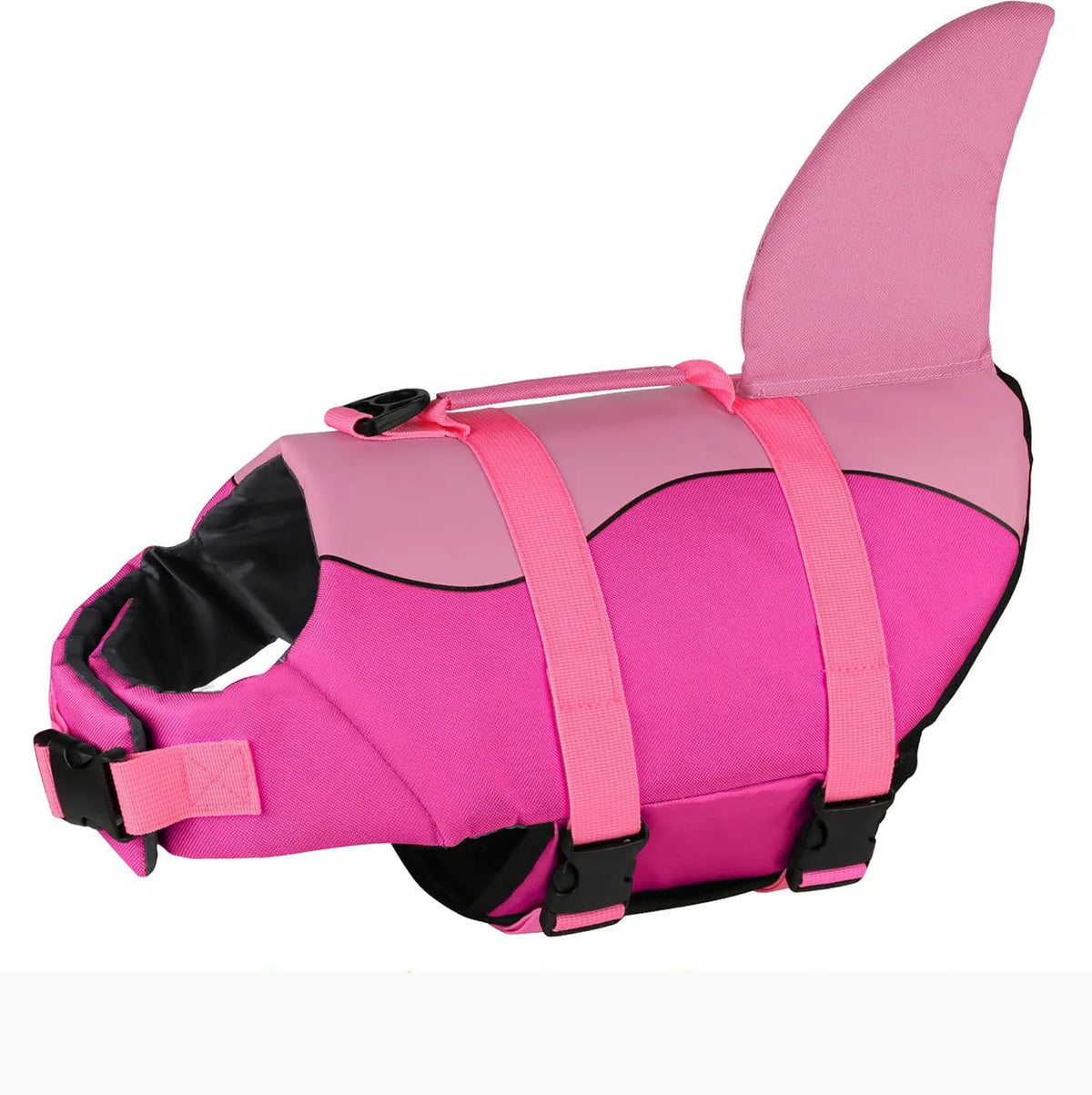 Pink dog life jacket for swimming with black accents and reflective features