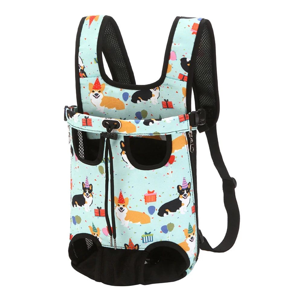 A light blue patterned dog carrier backpack featuring multiple cartoon dogs and gift boxes.