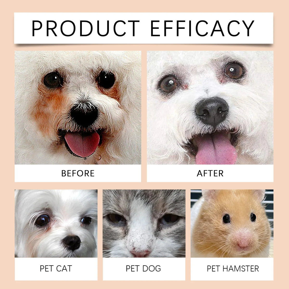 Comparison images showing the before and after efficacy of a pet tear stain cleansing balm on dogs, cats, and hamsters.