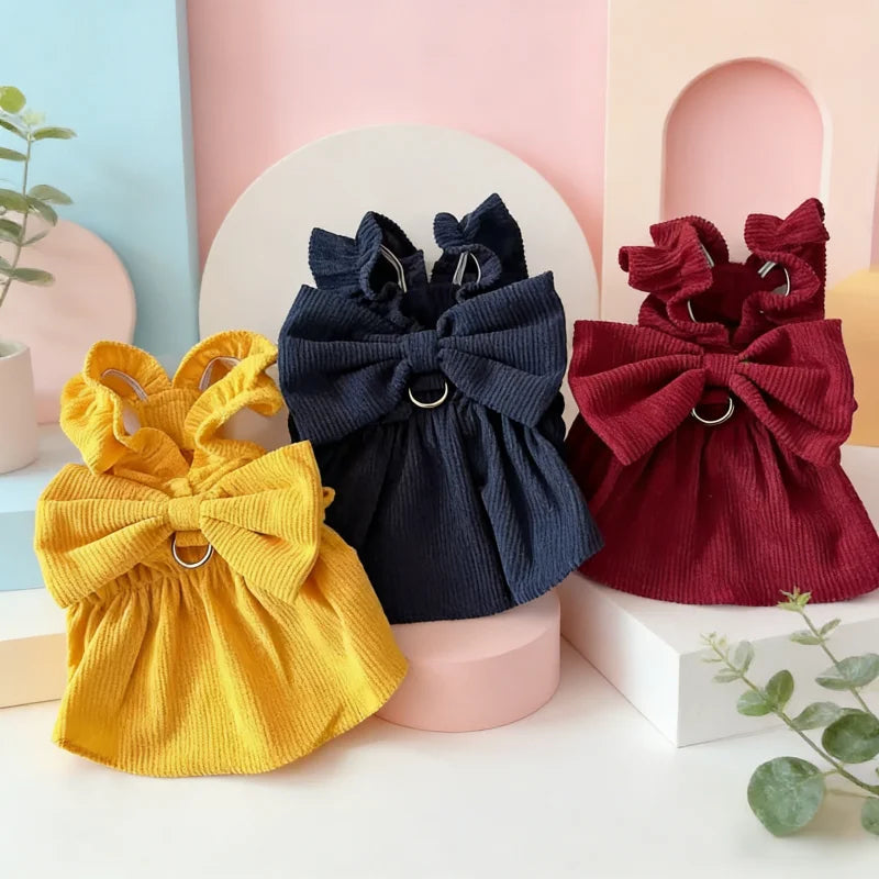 Vintage Corduroy Pet Dress with Bow and Ruffle Skirt