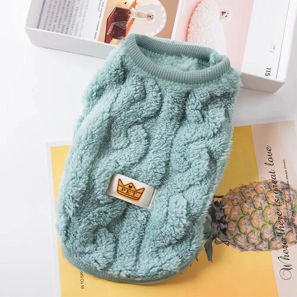 Un pull en polaire bleu clair pour animaux de compagnie, à côté d'un ananas.