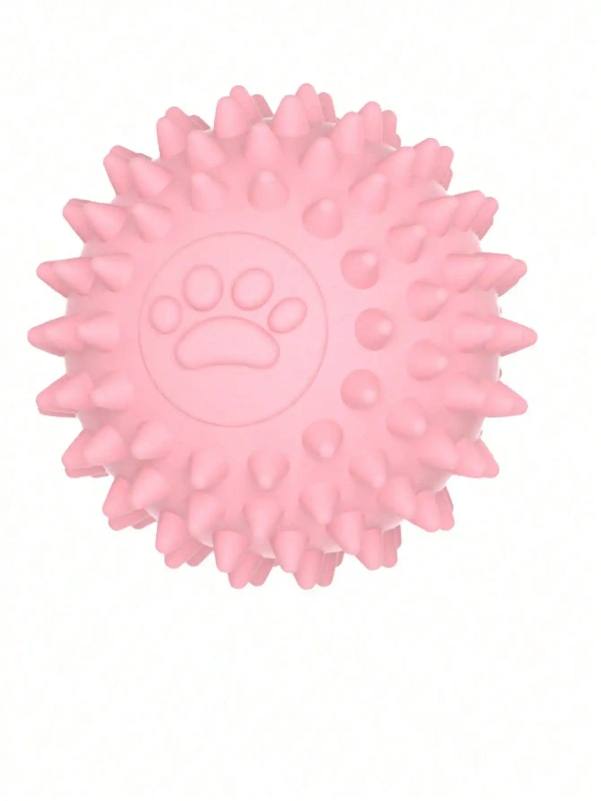 A pink, spiky rubber ball designed as a chew toy and dental cleaning tool for dogs.